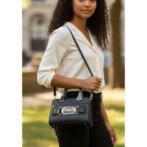 Bebe Leilani Top Handle Crossbody Bag Black Gold Mini Satchel Purse Classic